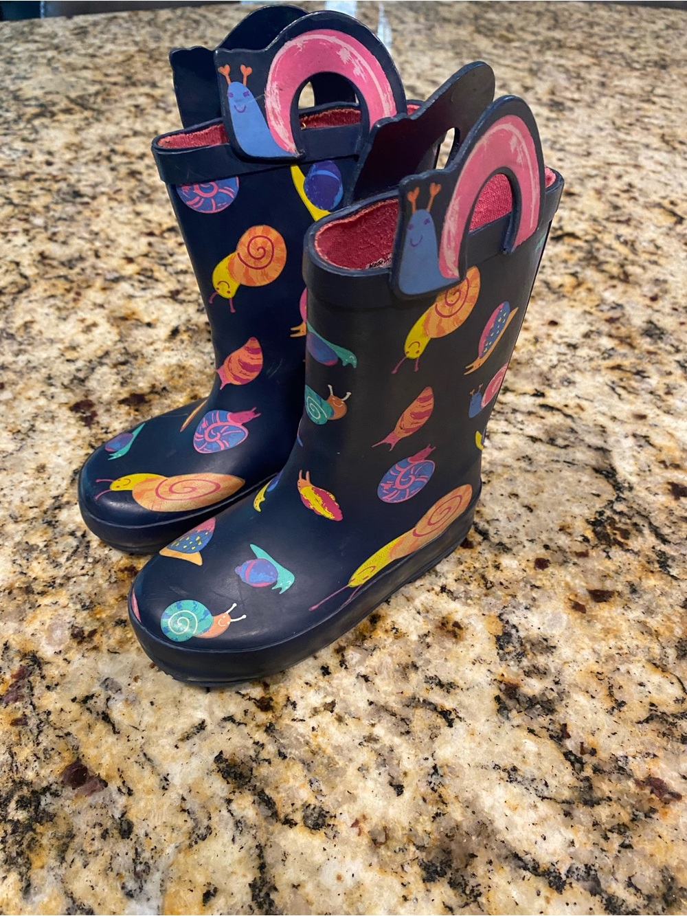 Cat & Jack Navy Rain Boots with Colorful Snail Print and Pink Handles